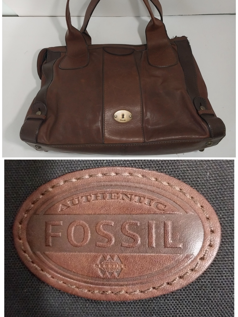 Fossil Brown Leather Unisex Satchel With Key Charm